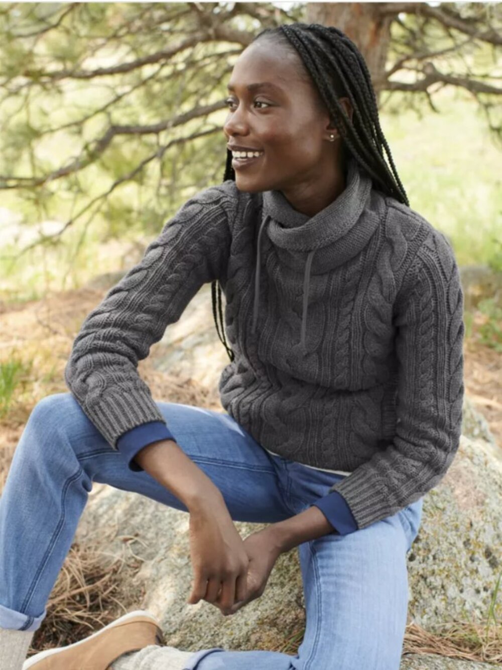 LL BEAN WOMENS NWT NAVY BLUE DOUBLE L CABLE FUNNELNECK SWEATER XS P